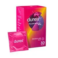 General Information Ribbed and Dotted condoms for extra stimulation. Everyone is different, but the right fit should always be comfortable and secure. Our Durex Pleasure Me Condoms with lubricant is designed with her in mind. With ribs and dots for extra stimulation#. Dermatologically tested. 100% electronically tested with five more quality tests carried out on every batch. # Vs smooth condom Suitable For: Adults 16 years and over. Contraceptive device to help prevent pregnancy and sexually transmitted infections. Product Claims: Ribbed and Dotted condoms for extra stimulation. Boxed Contents: 30 Condoms Size: 30 Pack Dermatologist Tested?: Yes KEY FEATURES • Ribbed and dotted texture for extra stimulation, from the world's No.1 condom brand • Easy-on, teat-ended shaped for comfort and fit • Transparent and lubricated natural rubber latex condoms • With silicone lube • Nominal width: 56mm • Durex Quality: Dermatologically tested. 100% electronically tested with five more quality tests carried out on every batch. Warnings Do not use if you have a known allergy to latex. Condoms may present a chocking hazard. Keep out of reach of children. If a condom leaks or burst during sex consult a pharmacist or doctor as soon as possible and within 72 hours. IMPORTANT INFORMATION Please read the instructions printed on the inside of this pack carefully, especially if you are using condoms for anal or oral sex. Use a condom only once. No method of contraception can give you 100% protection against pregnancy, HIV or sexually transmitted infections. Dermatologically Tested. 100% electronically tested. Ingredients Contains: Latex Directions Press here. Pull back for user instructions. USAGE ADVICE To store any unused condoms, reassemble carton by locking top and bottom tabs. STORAGE INSTRUCTIONS Store below 30 degrees Celsius. Keep out of reach of children. Recyclable Packaging?: Yes Recycling Code: 21 PAP